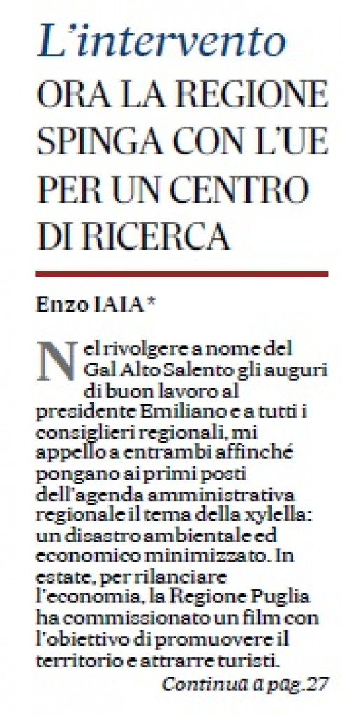 “Un centro di ricerca di respiro internazionale a beneficio dell’Europa Meridionale”, l’idea lanciata dal Presidente del GAL Alto Salento 2020 Enzo Iaia